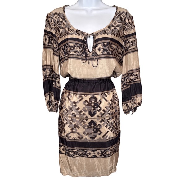 Peruvian Connection Dresses & Skirts - Peruvian Connection Tan Black Silk Blend Southwestern Dress 10 Boho Lightweight